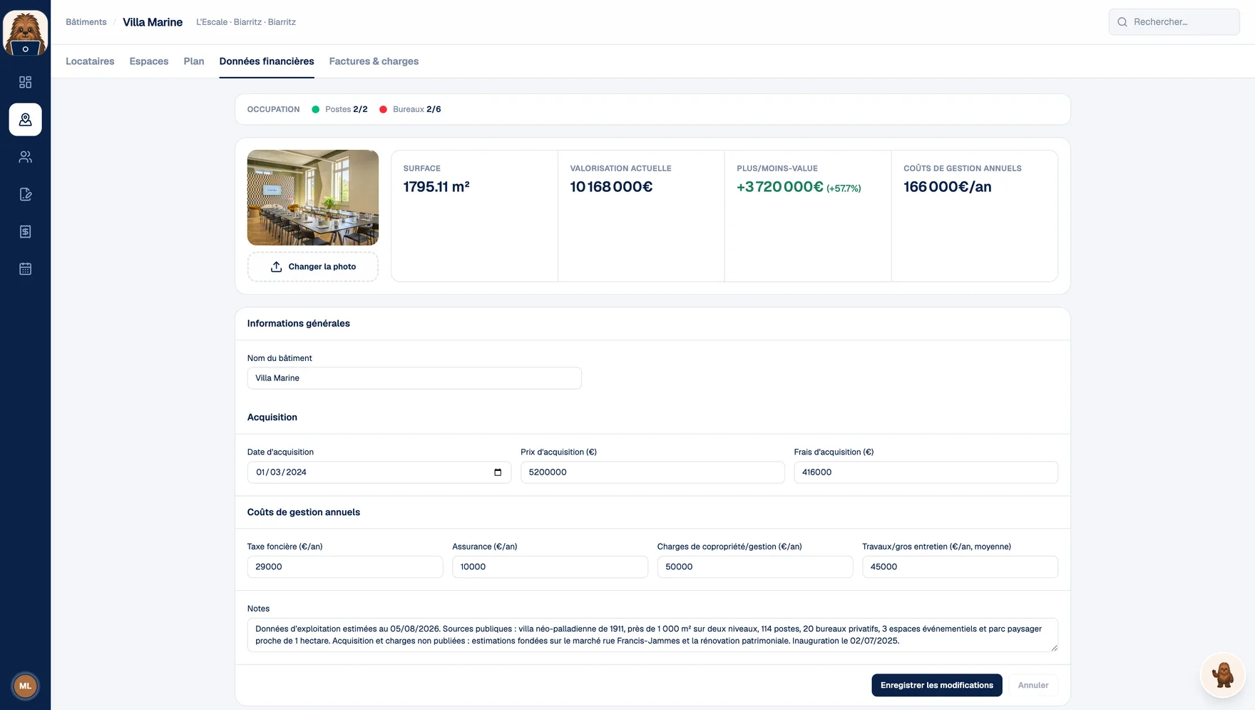 Fiche financière d'un bâtiment : valorisation actuelle, plus-value, coûts de gestion annuels, prix et frais d'acquisition, taxe foncière, assurance, charges de copropriété et gros entretien.