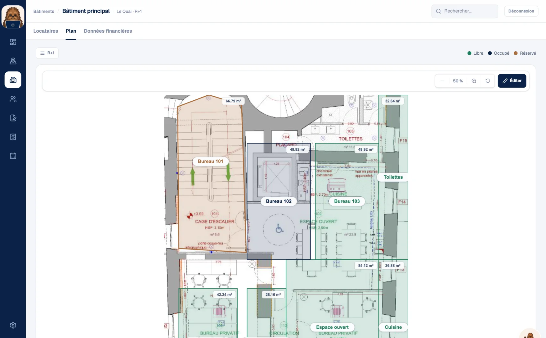 Plan d'un étage : espaces colorés selon leur statut libre, occupé ou réservé, avec la surface calculée affichée pour chacun.