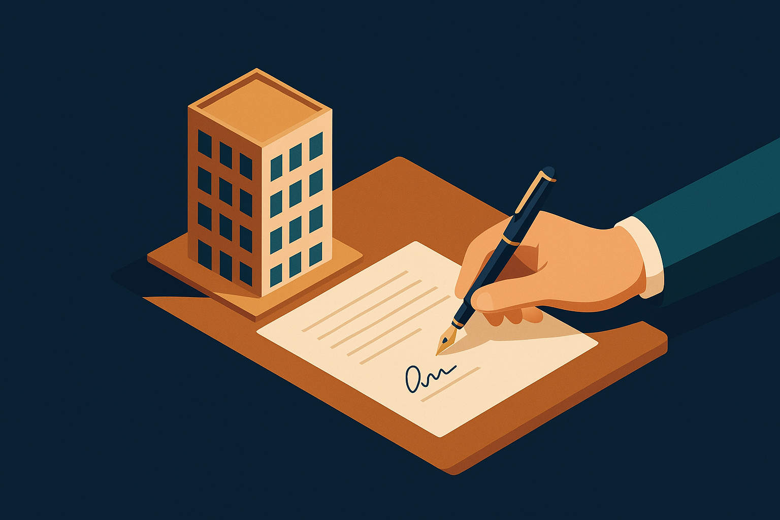 Illustration d'une signature de bail commercial avec une maquette de bâtiment