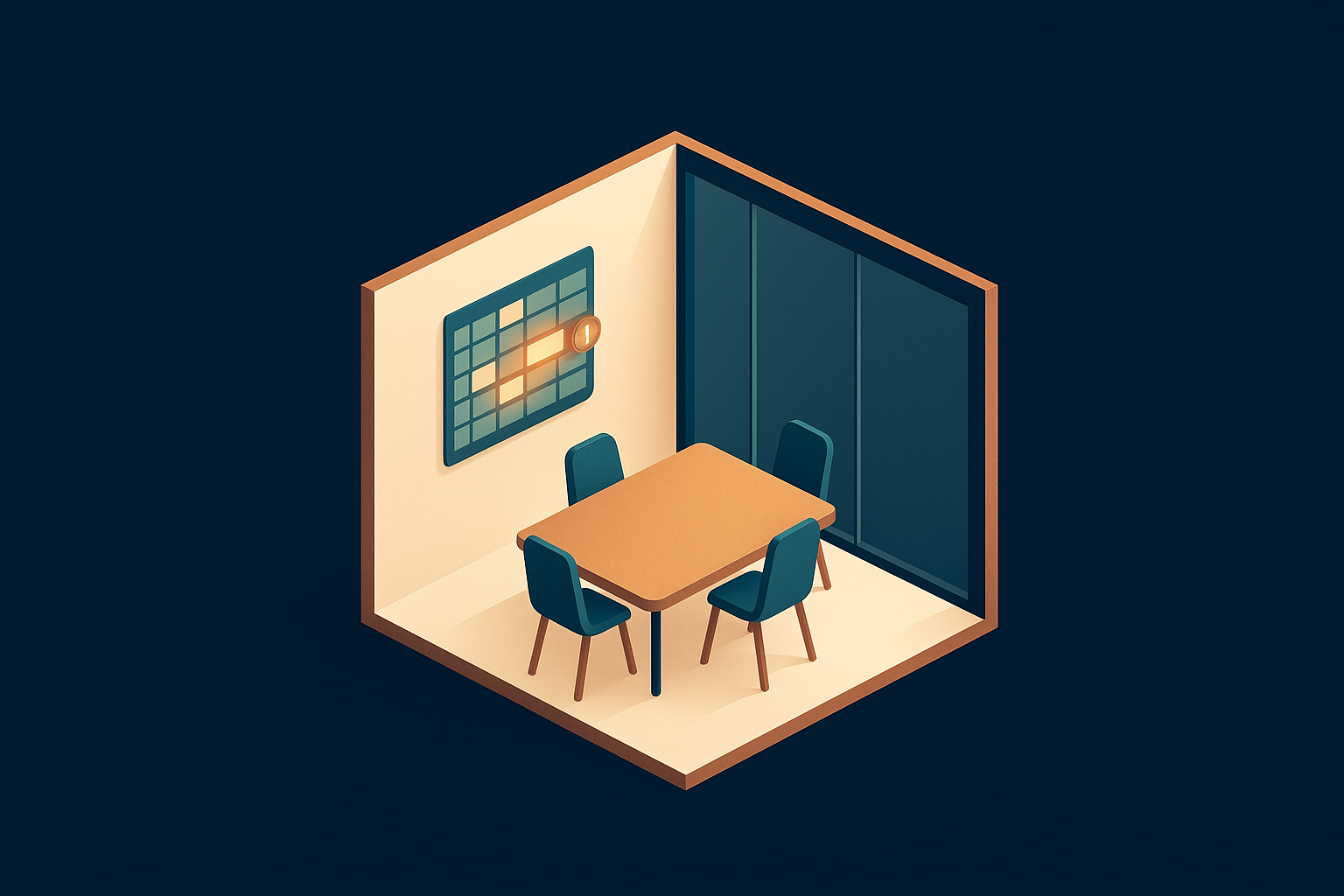 Illustration d'une salle de réunion isométrique avec un planning de réservation