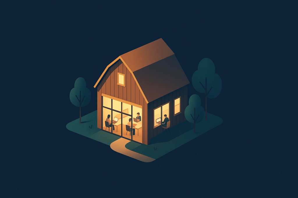 Illustration d'un tiers-lieu rural aménagé en espace de coworking