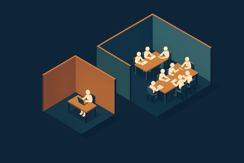 Illustration d'un travailleur isolé face à un espace de coworking animé