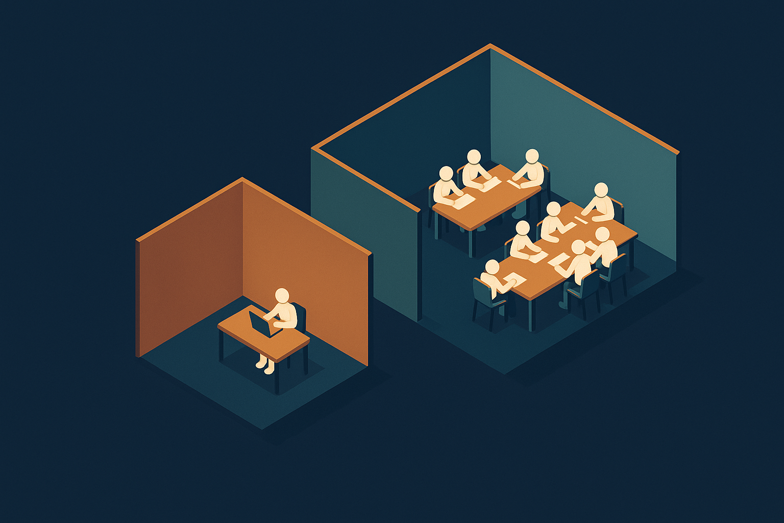 Illustration d'un travailleur isolé face à un espace de coworking animé