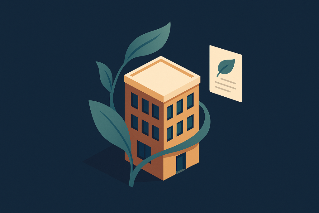 Illustration d'un bâtiment de bureau avec une feuille symbolisant le bail vert