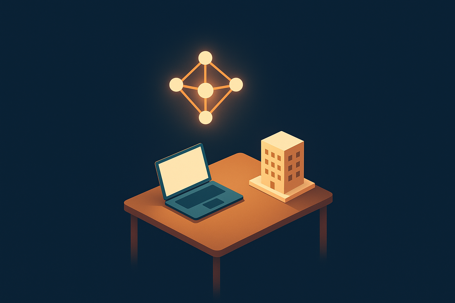 Illustration d'un réseau de nœuds symbolisant un assistant IA connecté aux données immobilières