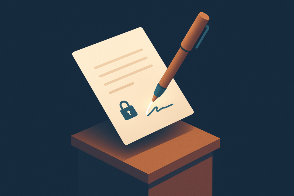 Illustration d'un document isométrique avec un stylo signant électroniquement