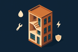 Illustration d'un immeuble avec les pictogrammes des charges de copropriété