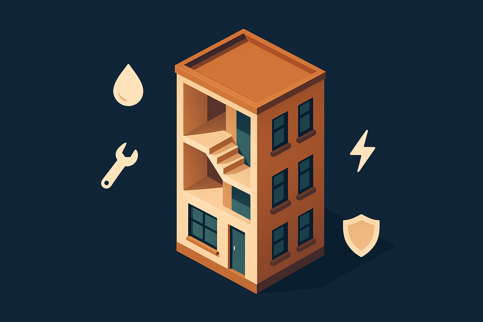 Illustration d'un immeuble avec les pictogrammes des charges de copropriété