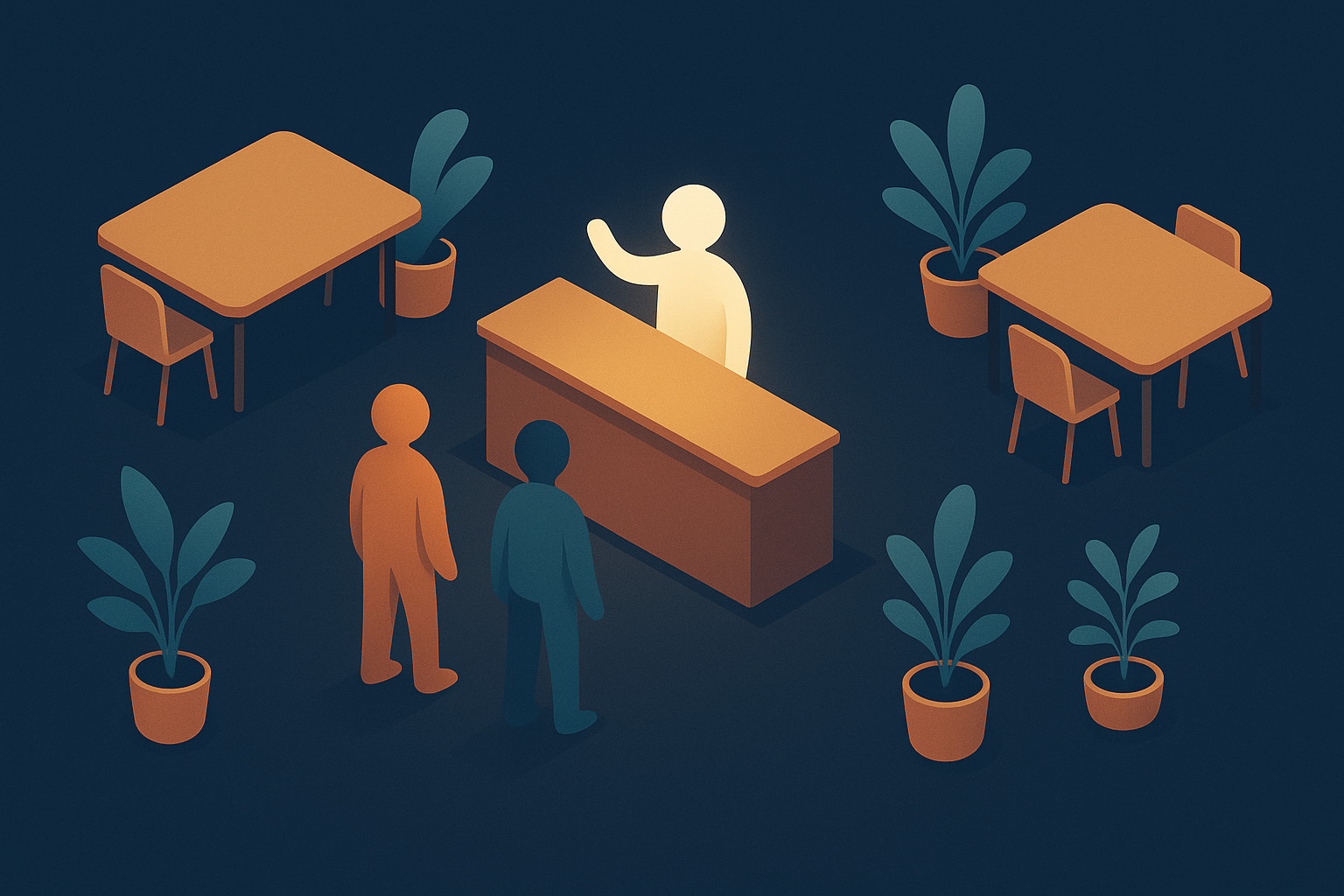 Illustration d'un community manager accueillant des occupants dans un espace de coworking