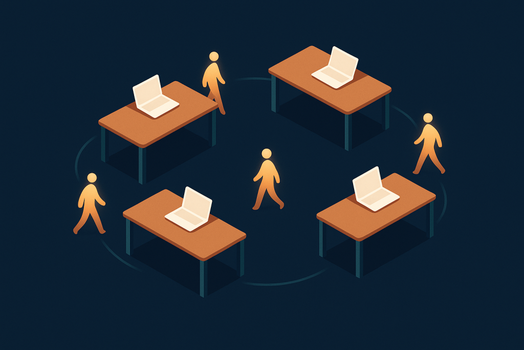 Illustration de bureaux nomades avec des occupants en rotation dans un pool partagé