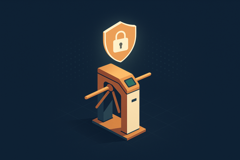 Illustration d'un portique de contrôle d'accès par badge avec une icône de protection des données