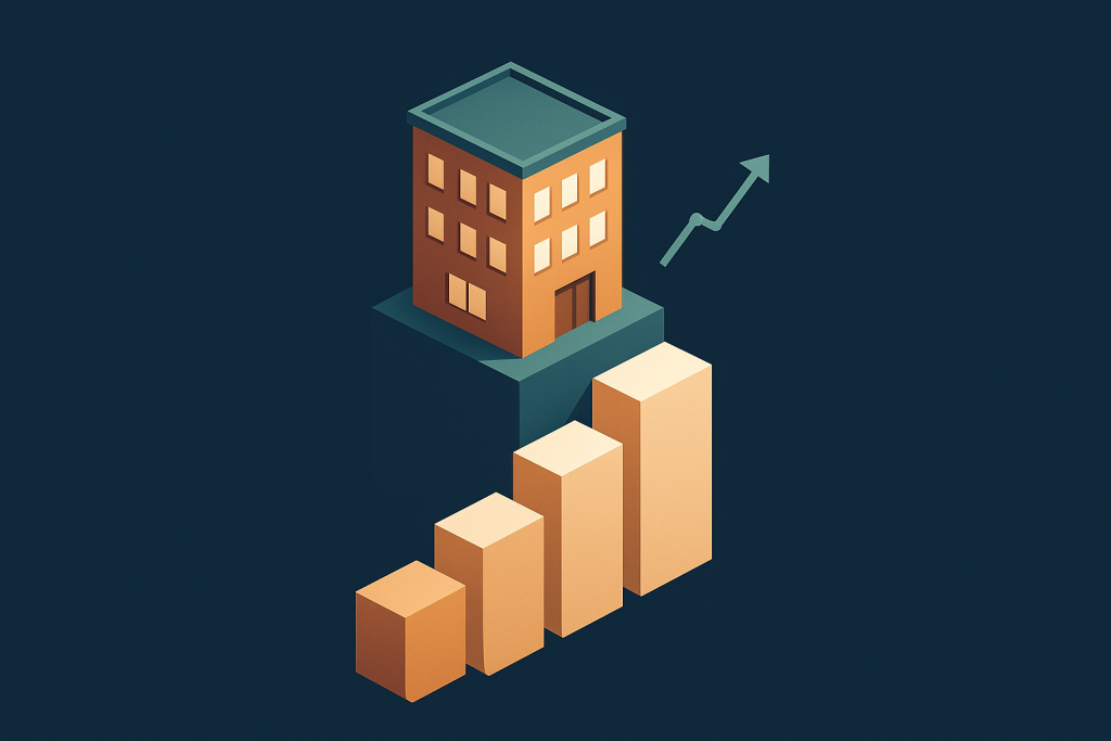 Illustration d'un bâtiment posé sur un graphique de valorisation immobilière croissante