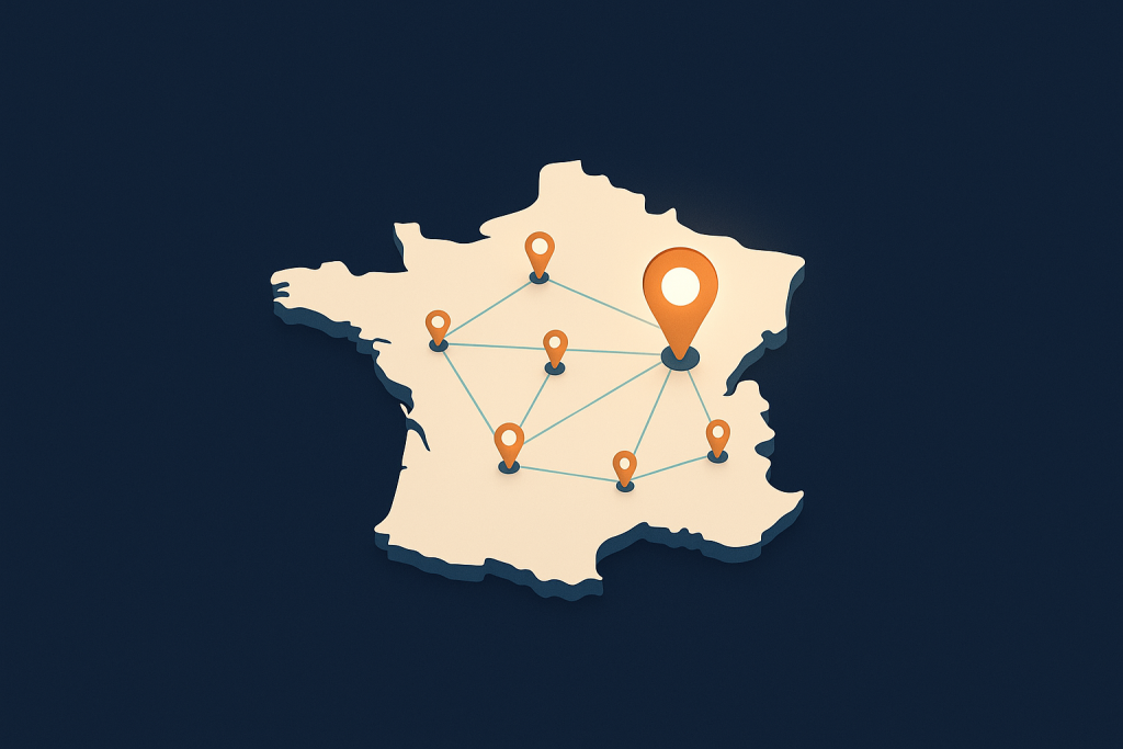 Carte stylisée de France avec des villes connectées symbolisant le marché du coworking