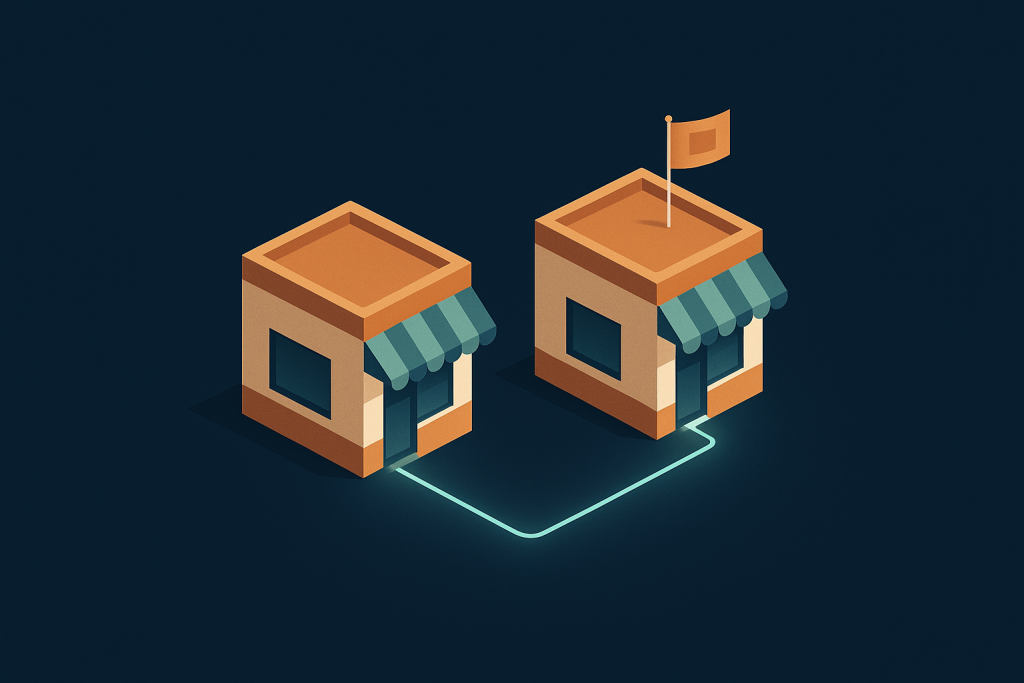 Illustration de deux bâtiments identiques symbolisant un réseau de coworking en franchise