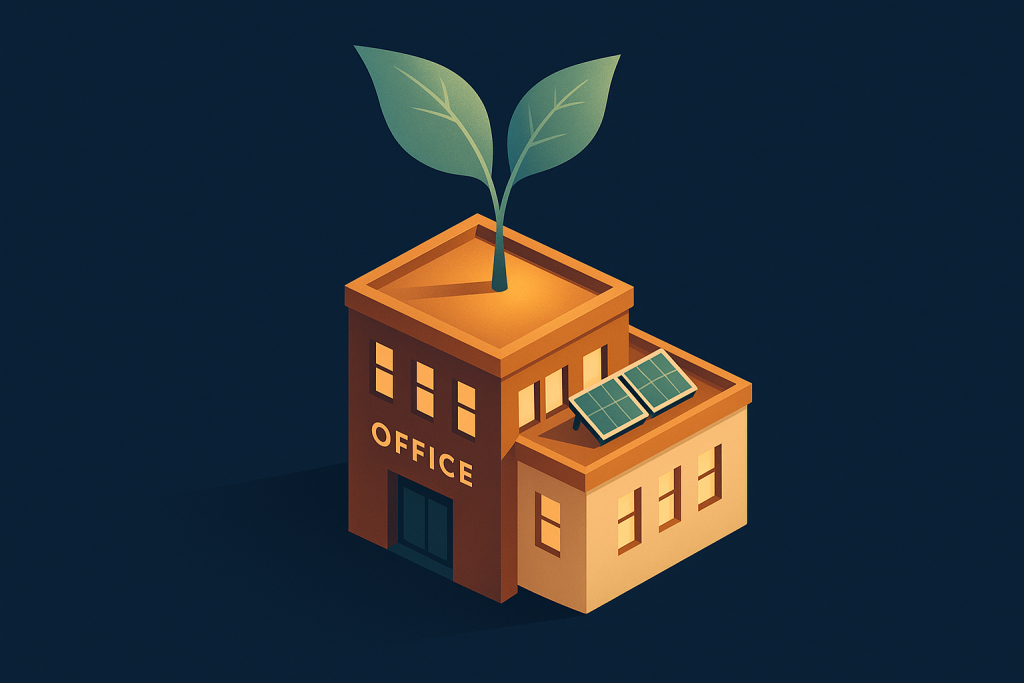 Illustration d'un immeuble de bureau avec une feuille symbolisant la sobriété énergétique