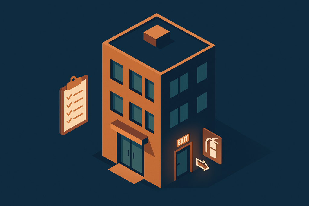 Illustration d'un bâtiment de bureau avec équipement de sécurité incendie