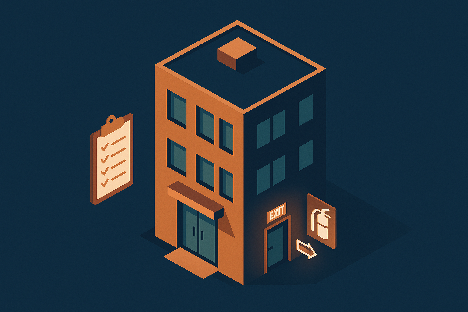 Illustration d'un bâtiment de bureau avec équipement de sécurité incendie