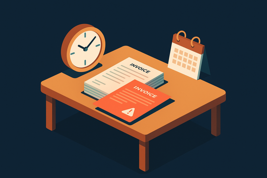Illustration d'un bureau avec une facture impayée signalée par une alerte