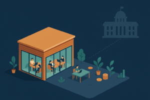 Illustration isométrique d’un tiers-lieu de coworking qui se détache d’un bâtiment institutionnel, symbole de la baisse du financement public en 2026